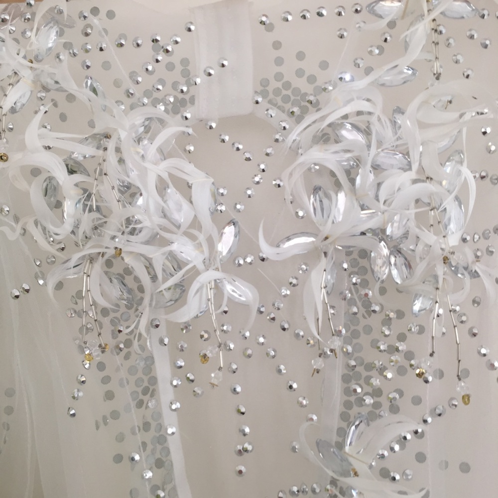 WHITE ANGEL DRESS HAND BEADED FEATHER COUTURE GOWN - Picture 10 of 16